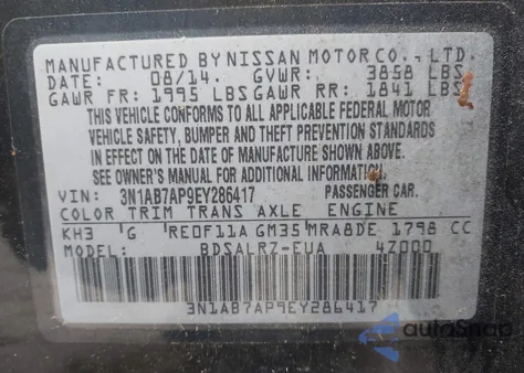 2014 Nissan Sentra Sr z USA, uszkodzony, nr VIN 3N1AB7AP9EY286417